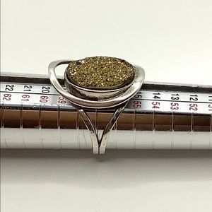 925 Sterling Silver Ring Gold Tone Pyrite Druzy Oval Artisan